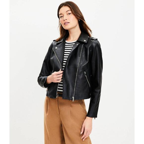 LOFT Black Faux Leather Biker Jacket Women's Size 4 EUC Zip Up Pockets - Picture 10 of 10